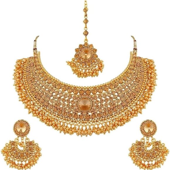 Indian Bridal Jewelry Set Copper Metal Faux Pearl Rhinestone Earrings - Picture 1 of 5